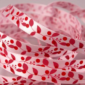 10SSM06 - 10mm-es pöttyös és levél mintás szatén szalag - rózsaszín