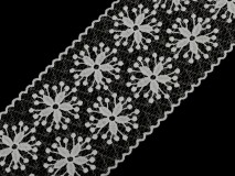 110SCS37 - 110mm széles virág motívumos, csillogós törtfehér csipke szalag
