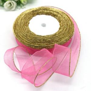 20SLM - 20mm-es arany szélű organza szalag - rózsaszín - 490cm