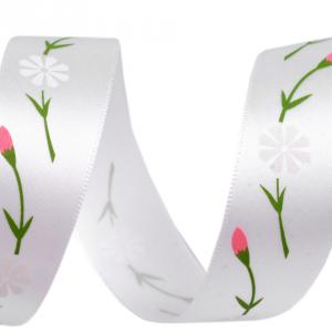 22SSM44 - 22mm-es rózsaszín rózsa mintás szatén szalag