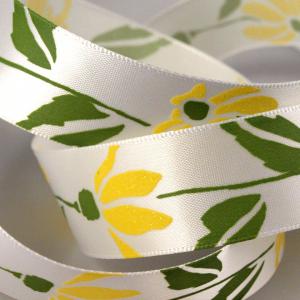 22SSM45 - 22mm-es csillogós, glitteres virág mintás szatén szalag - sárga virág