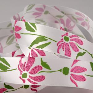 22SSM46 - 22mm-es csillogós, glitteres virág mintás szatén szalag - rózsaszín virág