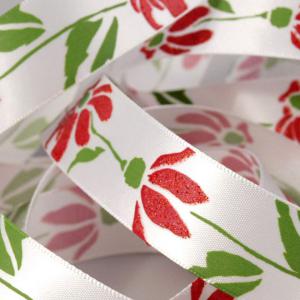 22SSM47 - 22mm-es csillogós, glitteres virág mintás szatén szalag - piros virág