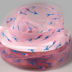 22SZOM05 - 22mm-es virág mintás organza szalag - rózsaszín