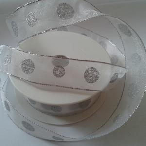 25SLM10 - 25mm-es pöttyös organza szalag dróttal - ezüst
