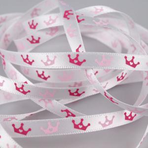 6SSM01 - 6mm-es korona mintás szatén szalag - fehér / 345cm