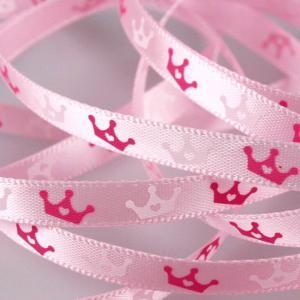 6SSM02 - 6mm-es korona mintás szatén szalag - rózsaszín