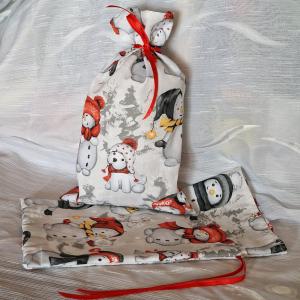 DCS89 - Hóember, kutya mókus mintás mikulás zsák, textil ajándéktasak