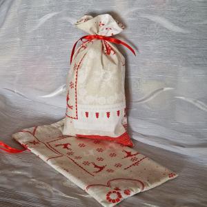 DCS90 - Hópehely, szív, szarvas mintás mikulás zsák, textil ajándéktasak