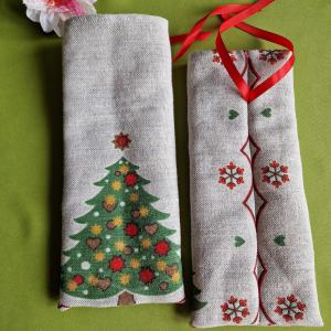 DCS93 - Karácsonyfa mintás textil ajándéktasak, minklás zsák, bortartó tasak