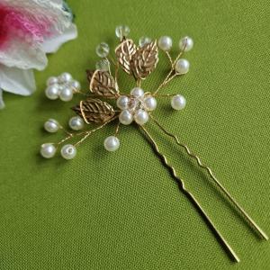 ESKÜVŐ HAD240 - Arany színű 4 leveles gyöngyös hajtű, hajdísz