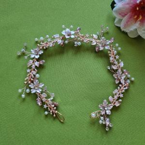 ESKÜVŐ HAD257 – Rosegold színű menyasszonyi gyöngyös strasszos virágos hajdísz 4,5x35cm