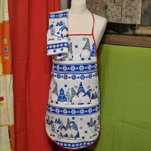 OTT37 - Karácsonyi, manó mintás pamut konyhai szett: kötény, konyharuha (törlőkendő)