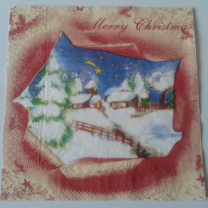 SZV18 Dekoupage - Havas karácsonyi táj, pergamen széllel 3 rétegű szalvéta