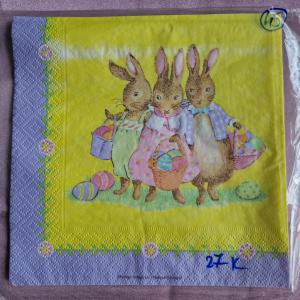 SZV45 Dekoupage - Sárga alapon 3 nyuszi lila széllel 3 rétegű szalvéta