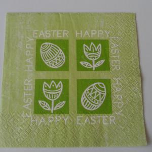 SZV56 Dekoupage - Almazöld alapon, zöld négyzetben fehér tojás és virág 3 rétegű szalvéta