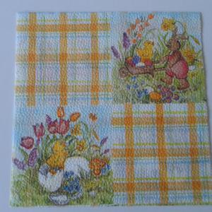 SZV94 Dekoupage - kockás minta + nyuszi, kacsa, virágok 1 rétegű szalvéta