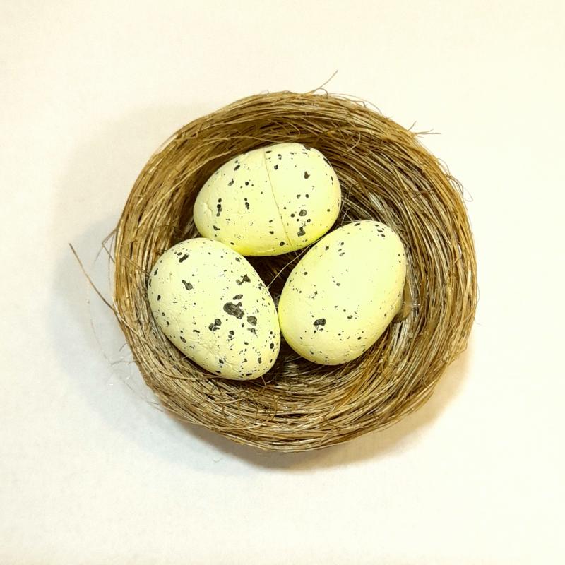 Három sárga tojás fészekben. Fészek mérete: 60x25 mm, tojás mérete: 17x25 mm