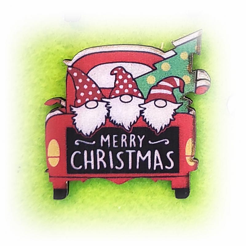 Nyomtatott fa piros autó három manóval, Merry Christmas felirattal.