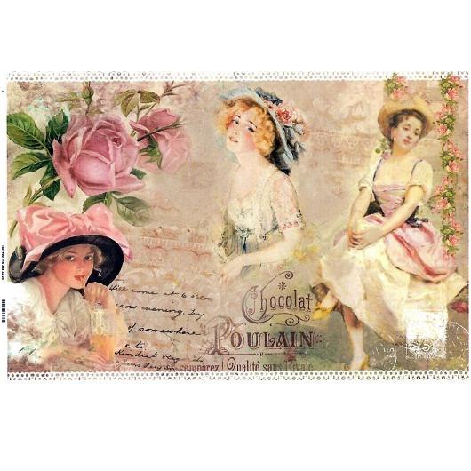 Rizspapír - kalapos hölgyek rózsával