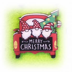Nyomtatott fa piros autó három manóval, Merry Christmas felirattal.