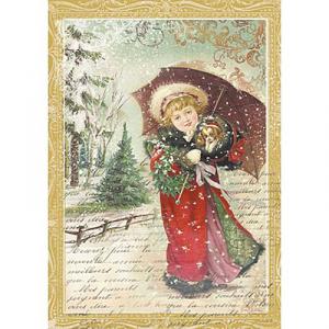 Rizspapír - kislány esernyővel hóesésben