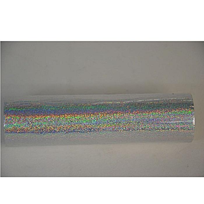 Transzfer és hőfólia tekercs, hologram szemcsés, ezüst. Mérete: 12x500 cm