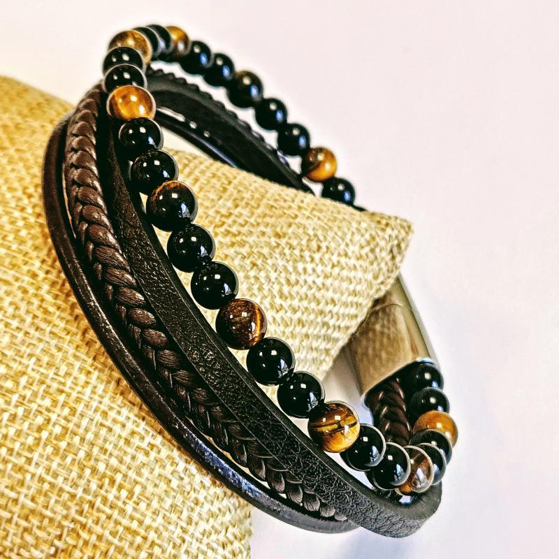 Elegáns bőr férfi karkötő barna ezüst (18.5,20.5, 22 cm)119