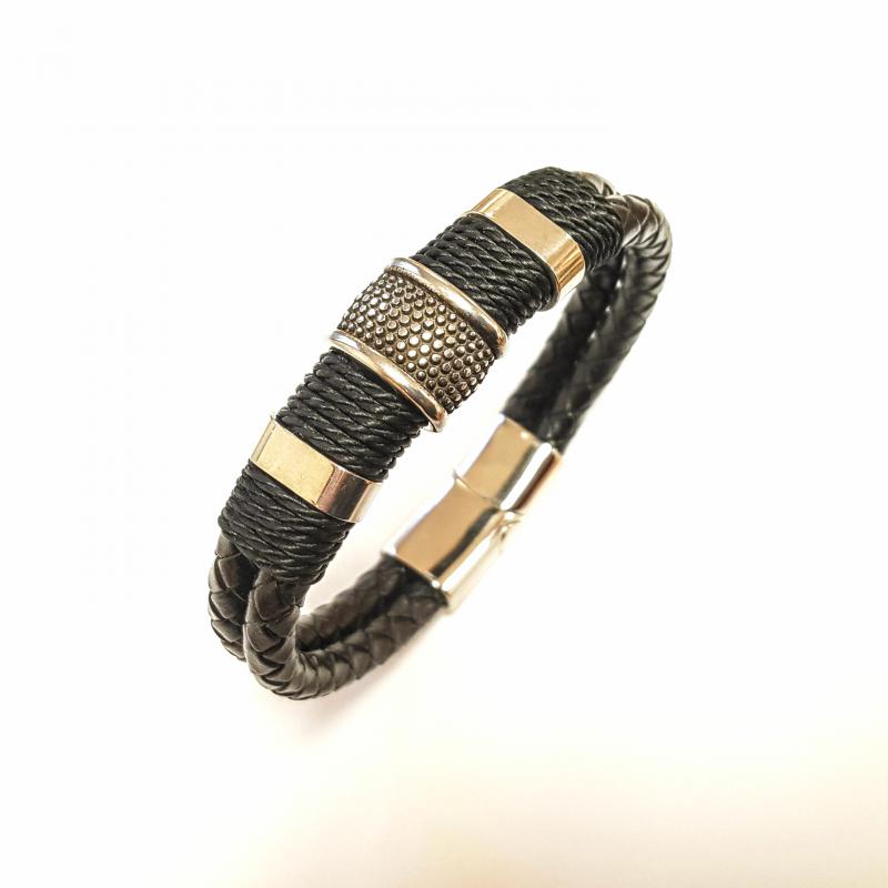 Elegáns bőr férfi karkötő fekete ezüst (18- 23 cm) 108