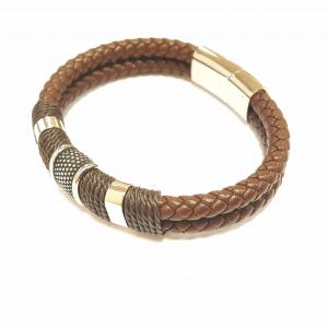 Elegáns bőr férfi karkötő barna ezüst (19- 20,5 cm) 107