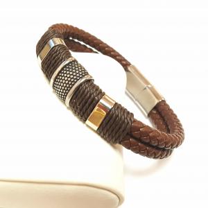 Elegáns bőr férfi karkötő barna ezüst (19- 20,5 cm) 107