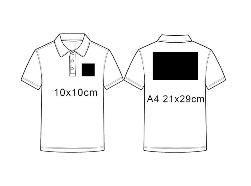 Galléros póló elöl kis kb 10x10cm es, hátul A4 es mintával vagy szöveggel