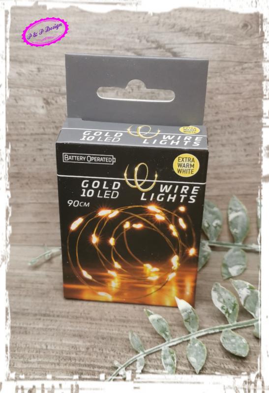 10 LED-es arany drótkábeles fényfüzér elemes (elemmel) - extra meleg - új, papír dobozos