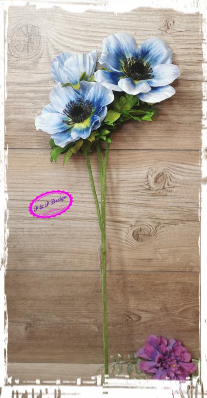 Anemóna selyemvirág szál M55 cm, 3 virágfej - kék