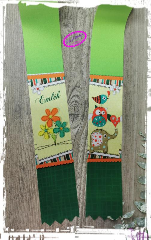 Ballagói szalag filmnyomott 4 cm széles - zöld alapon, virág, állatok, Emlék felirattal