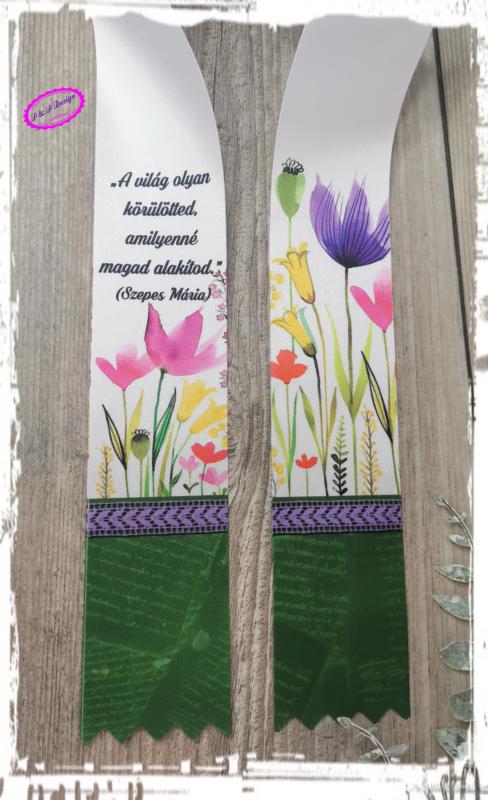 Ballagói szalag filmnyomott 5 cm széles - színes virágok, idézet, zöld alj