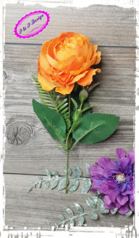 Díszítő művirágos ág, kb. 22 cm magas, egy paeonia virágfej, műzöld kiegészítő, levél - narancssárga