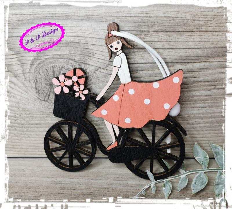 Fa dekor biciklis lány kb. 11*12 cm - fekete biciklis