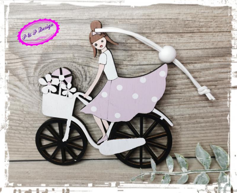 Fa dekor biciklis lány kb. 11*12 cm - fekete-fehér biciklis