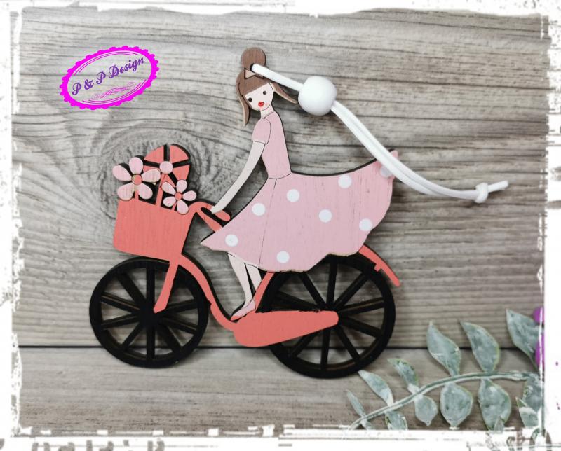 Fa dekor biciklis lány kb. 11*12 cm - fekete-piros biciklis