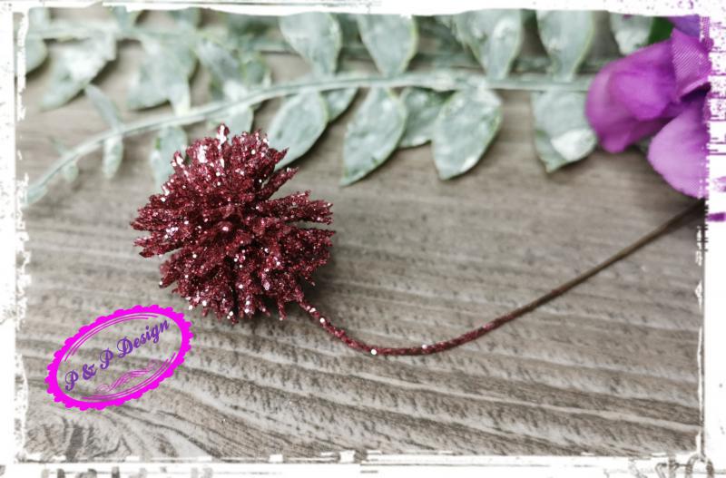 Glitteres echinacea pick, kb. 3 cm átmérő, drótos szár - pink