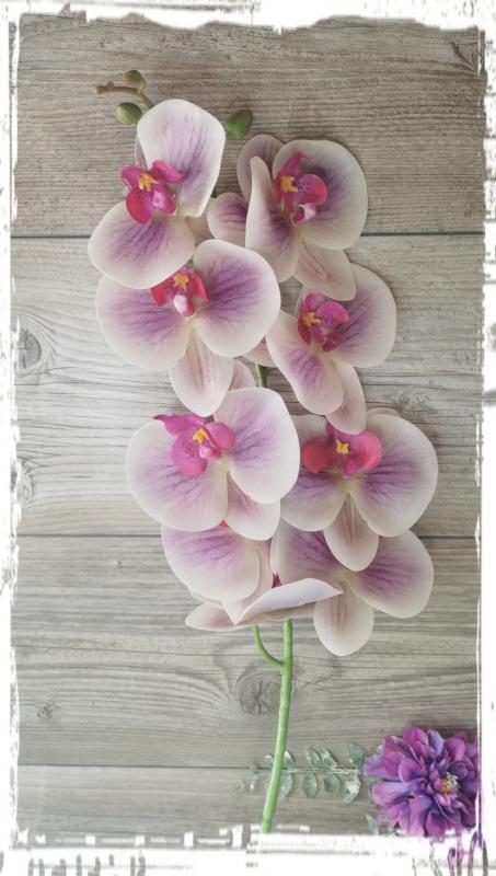 Gumi orchidea / Phalenopsis ág 9 virágfejes, kb. 95 cm hosszú, hajlítható szárral, élethű tapintású - antik lila - szép, jó minőségű!