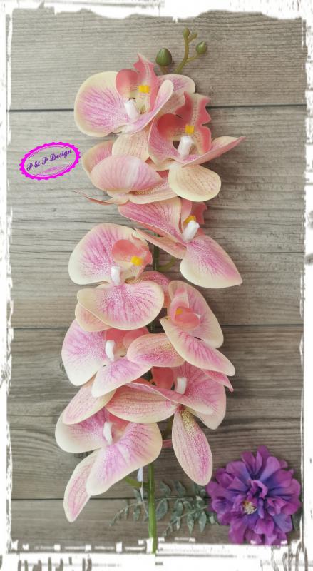 Gumi orchidea / Phalenopsis ág 9 virágfejes, kb. 95 cm hosszú, hajlítható szárral, élethű tapintású - cirmos rózsaszín