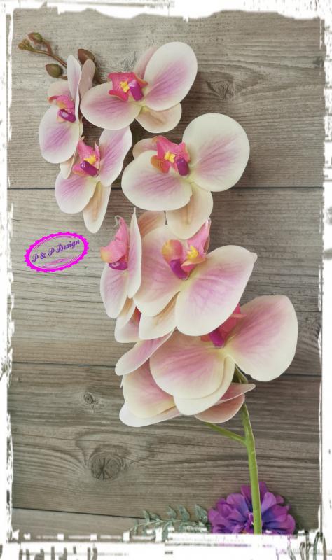 Gumi orchidea / Phalenopsis ág 9 virágfejes, kb. 95 cm hosszú, hajlítható szárral, élethű tapintású - krém-pink