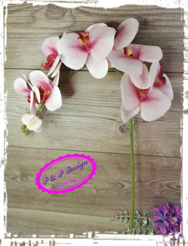 Gumi orchidea / Phalenopsis ág 9 virágfejes, kb. 95 cm hosszú, hajlítható szárral, élethű tapintású - rózsaszín fehér cirmos - Szép, jó minőségű!