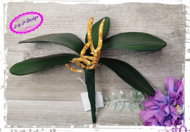 Gumi orchidea levél, 5 enyhén fényes, drótos, állítható levél - kb. 10 cm-es nagyobb és 1 kicsi kb. 6 cm-es levél + kb. 9 cm szár