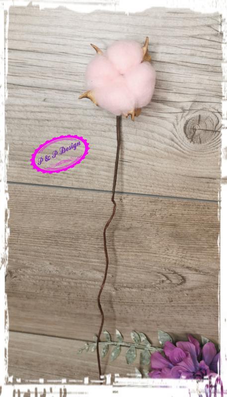 Gyapot termés, drótos szárral, kb. 5-6 cm fejátmérő - rózsaszín