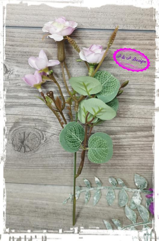 Mini virágos ág kb. 15 cm levéllel, zölddel - lila