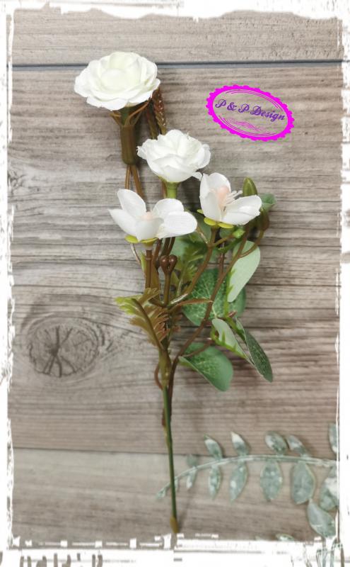 Mini virágos ág kb. 15 cm levéllel, zölddel - tört fehér