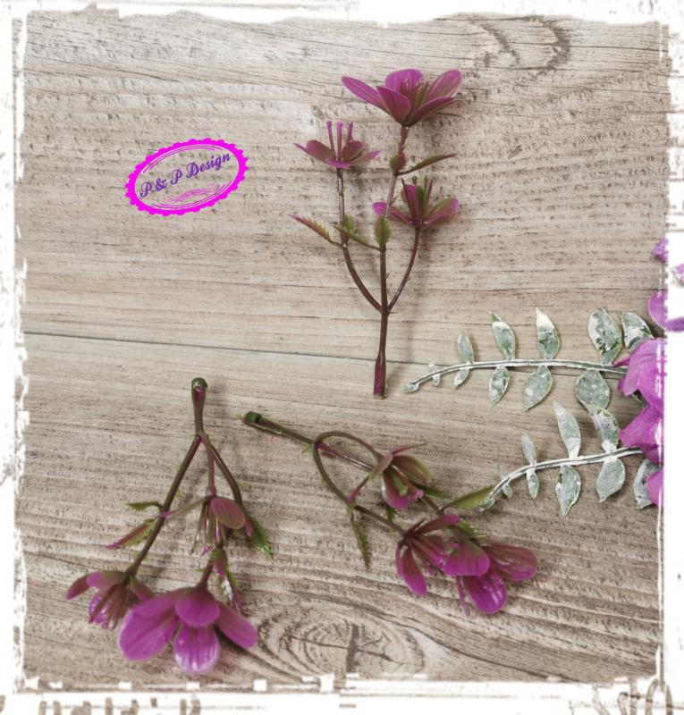 Műzöld virágos levél kb. 7,5 cm magas, 3 ágú - pinkes lilás szín